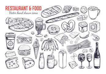 Restaurant and Food vector big set. Isolated objects in sketch style.