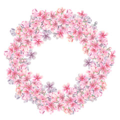 Cherry blossoms watercolor. Frame with flowers. Isolated on white background