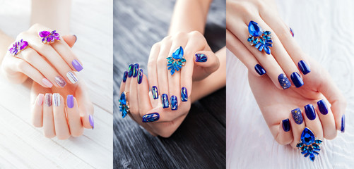 Three types of manicure with earrings on white and black background. Variants of purple, white, blue color and sparkles.