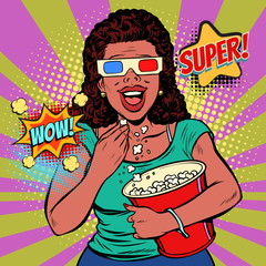 woman in 3D glasses watching a movie, smiling and eating popcorn