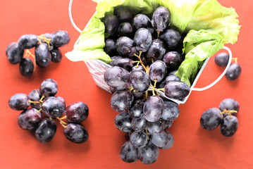 Black grapes. Shot from top, close up and selective focus of bunch of black grapes