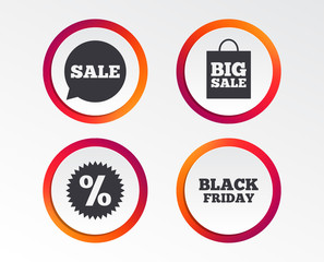 Sale speech bubble icon. Discount star symbol. Black friday sign. Big sale shopping bag. Infographic design buttons. Circle templates. Vector