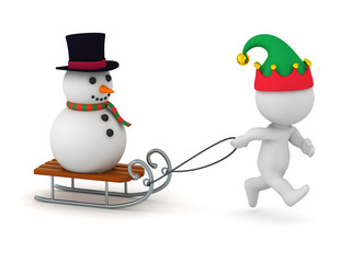 3D Character in Elf Hat Pulling a Sled with a Snowman