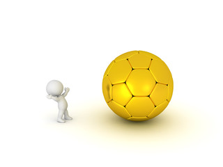 3D Character looking up happy at golden soccer football