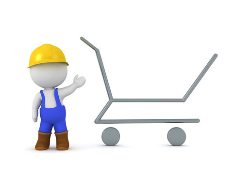 3D Character Wearing Construction Worker Overalls Showing a Shopping Cart