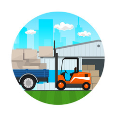 Icon of Warehouse on the Background of the City , Forklift Truck and Lorry with Boxes , Transportation and Cargo Services and Storage, Vector Illustration