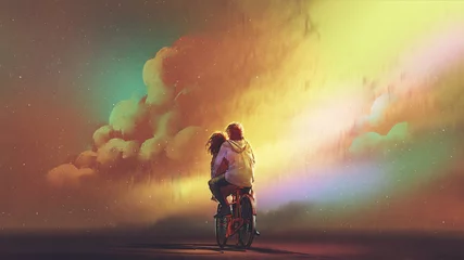 Rolgordijnen verliefde paar rijden op de fiets tegen de nachtelijke hemel met kleurrijke wolken, digitale kunststijl, illustratie schilderij © grandfailure
