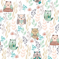 Vector seamless pattern with owls and flowers