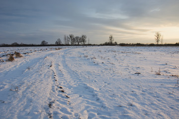 Fototapeta na wymiar Snow-covered road - evening view