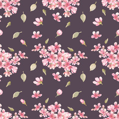 Cherry blossoms watercolor seamless pattern. Flowers, leaves, buds