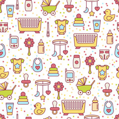 Vector seamless pattern. Nursery and kids care illustration. Baby toys and clothes line art style background.