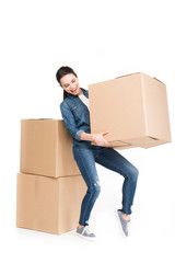 woman moving with cardboard boxes, isolated on white