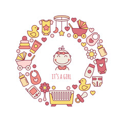Its a girl greeting card design. Vector baby line art icons set in circle shape. Nursery and kids care.