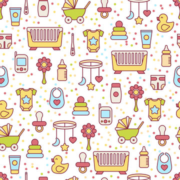 Vector seamless pattern. Nursery and kids care illustration. Baby toys and clothes line art style background.
