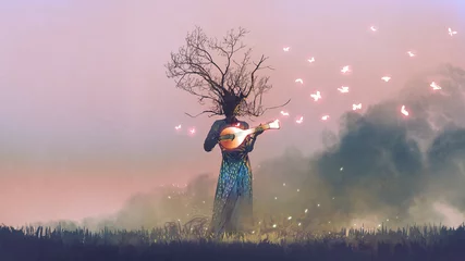 Foto auf Acrylglas Kreatur mit Zweigkopf, die magisches Banjo-Saiteninstrument mit leuchtenden Schmetterlingen spielt, digitaler Kunststil, Illustrationsmalerei © grandfailure