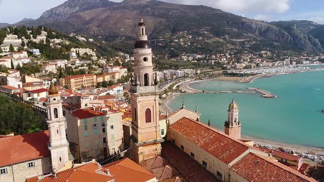 Menton, old city houses and sea in the morning, French riviera, HD movie (1920X1080)