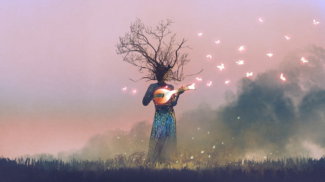 creature with branch head playing magic banjo string instrument with glowing butterflies, digital art style, illustration painting