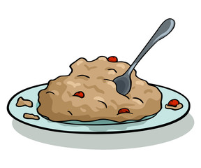 porridge with fruit and berries on a plate with a spoon. Oatmeal porridge, semolina porridge, corn porridge, wheat porridge, millet porridge, barley porridge, rice porridge