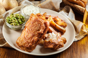 Traditional fish in beer batter and chips