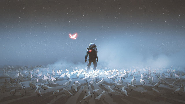 astronaut standing among flock of bird, single glowing unique bird flying around, digital art style, illustration painting.
