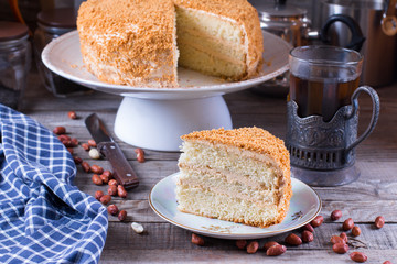 Homemade biscuit cake on a wooden table