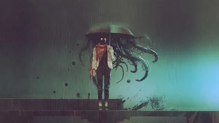 Fotobehang horror concept van mysterieuze vrouw met de paraplu met zwarte tentakels binnen in de regenachtige nacht, digitale kunststijl, illustratie. © grandfailure