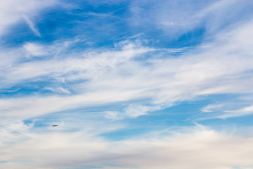 Fototapeta na wymiar the plane flies in the blue sky with beautiful clouds