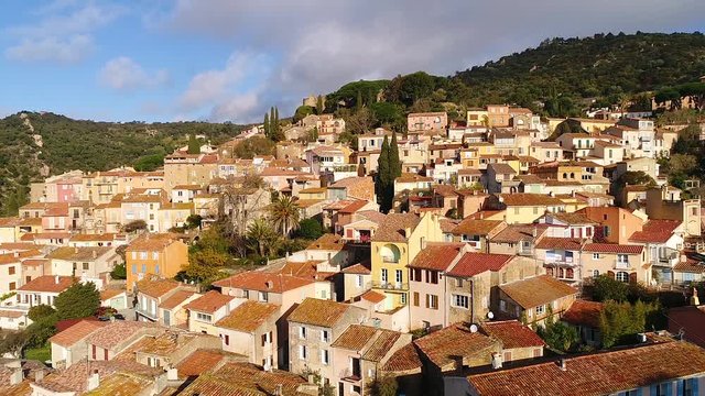 Aerial view of Bormes les mimosas, typical village of south of France, Cote d'Azur, Var, HD 1920X1080)