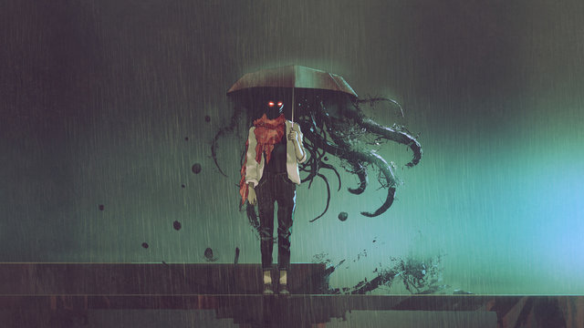 Fototapeta koncepcja horroru tajemniczej kobiety trzymającej parasol z czarnymi mackami wewnątrz w deszczową noc, cyfrowy styl sztuki, ilustracja.