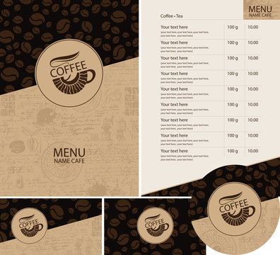 Fototapeta Vector set of design elements for coffee house. Menu, price list, business cards and coasters for drinks with cup of hot coffee on background with coffee beans pattern and old manuscript with doodles