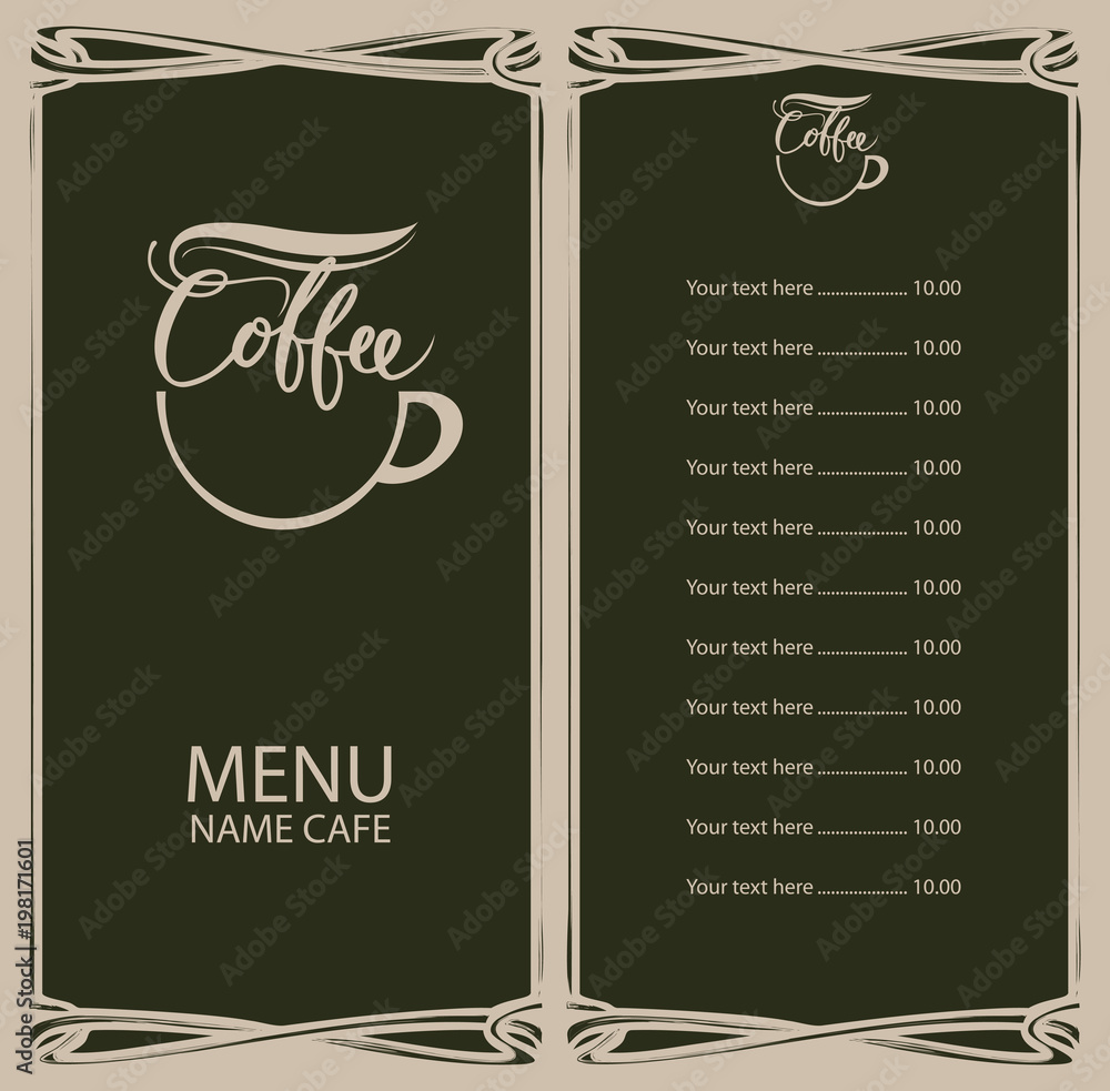 Poster vector coffee menu with logo in form of cup of coffee and price list in frame