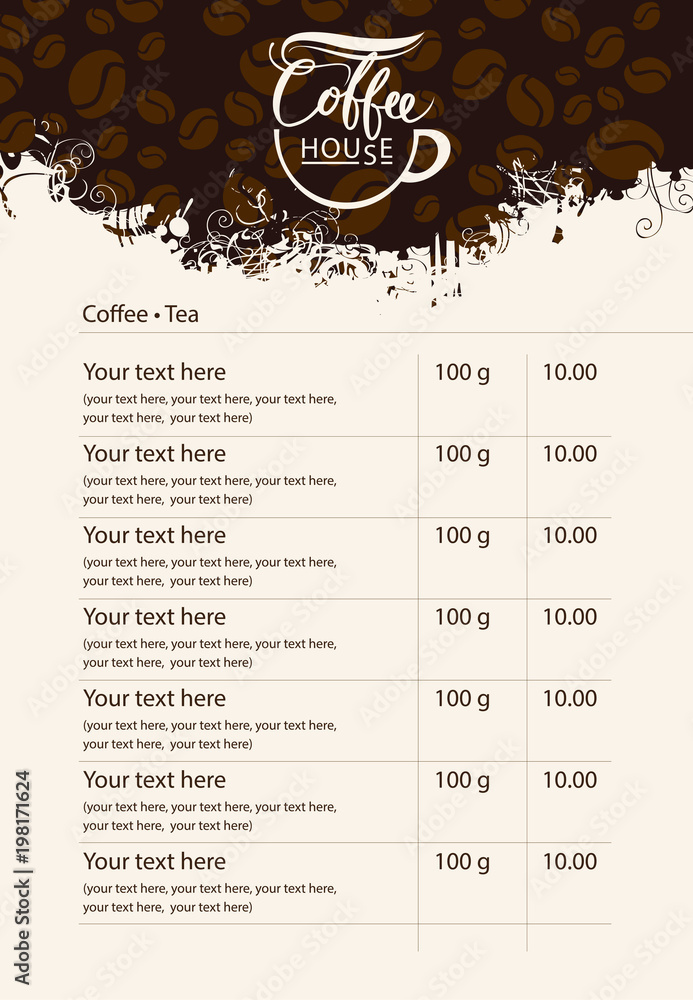 Poster vector menu price list for coffee house with cup of coffee on abstract background with coffee beans 