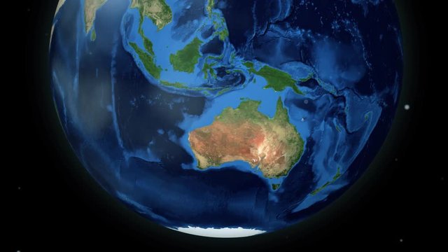 Zooming through space to a location in Globe animation - Coral Sea near Australia - Image Courtesy of NASA