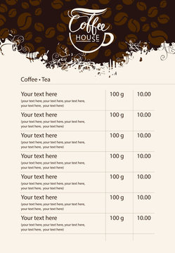 Fototapeta Vector menu price list for coffee house with cup of coffee on abstract background with coffee beans pattern