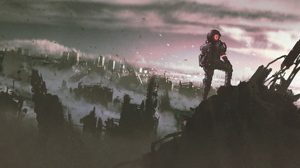 astronaut standing on a ruined building looking at abandoned city, digital art style, illustration painting © grandfailure