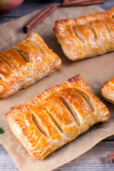 Homemade cakes and puff pastry with apples and caramel