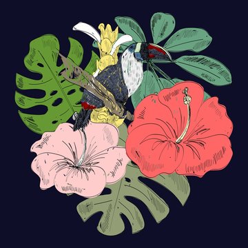 Tropical vector illustration with parrot and flowers.