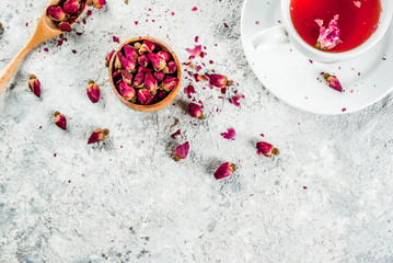 Arab, middle eastern food. Herbal tea with rose buds, copy space top view