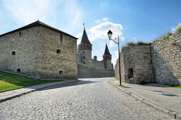 Cobbled road against the backdrop of an old castle