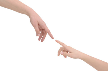 Hands connecting two people isolated on white background