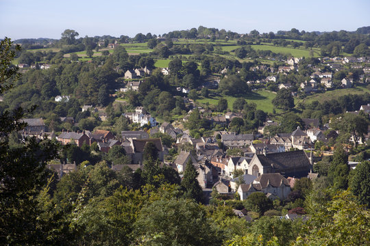 The view over Nailsworth town nestled in its valley on the edge of the Cotswolds, Gloucestershire, UK