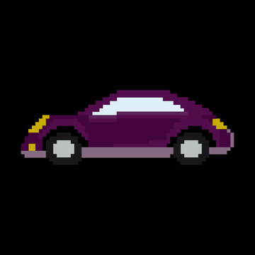 Pixel icon. Beautiful violet car on a black background