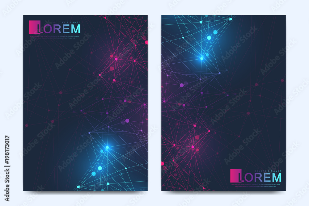 Aufkleber Modern vector template for brochure Leaflet flyer advert cover catalog magazine or annual report. Geometric pattern with connected lines and dots. Cybernetic dots. Lines plexus. Card surface.