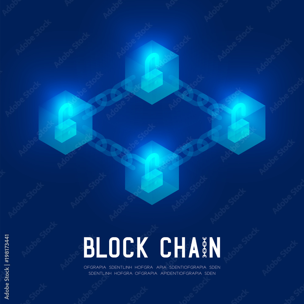Aufkleber blockchain technology 3d isometric virtual, unlock protect system concept design illustration isolat