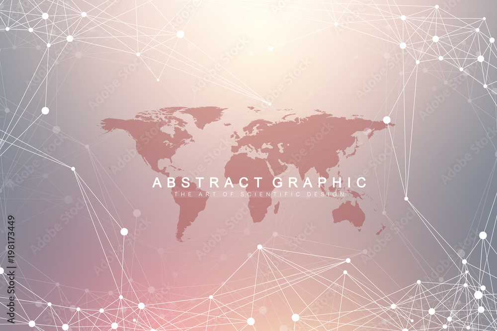 Poster Geometric graphic background communication with World Map. Big data complex with compounds. Perspective backdrop. Minimal array. Digital data visualization. Scientific cybernetic vector illustration.