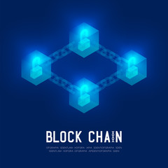 Blockchain technology 3D isometric virtual, Unlock protect system concept design illustration isolated on dark blue background and Blockchain Text with copy space, vector eps 10