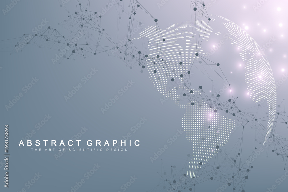 Aufkleber Big data complex world globe. Graphic abstract background communication. Perspective backdrop of depth. Virtual minimal array with compounds. Digital data visualization. Vector illustration Big data.