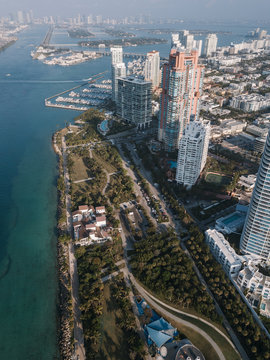Aerial view of hotels on beach and sea-front, Miami Beach, Florida, USA