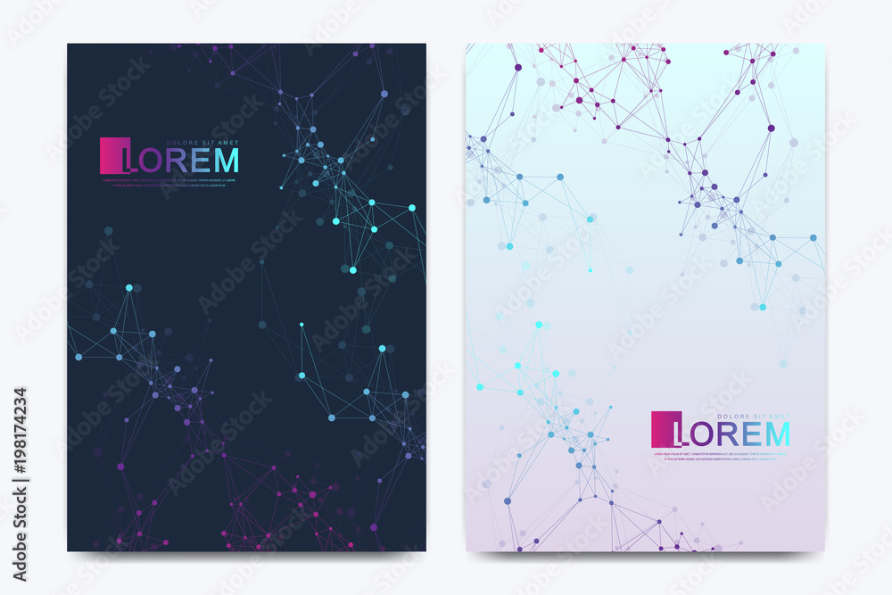 Poster Modern vector template for brochure Leaflet flyer advert cover catalog magazine or annual report. Geometric pattern with connected lines and dots. Cybernetic dots. Lines plexus. Card surface.