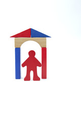 figure red stick man under a wooden archway with the roof of the house on a white background